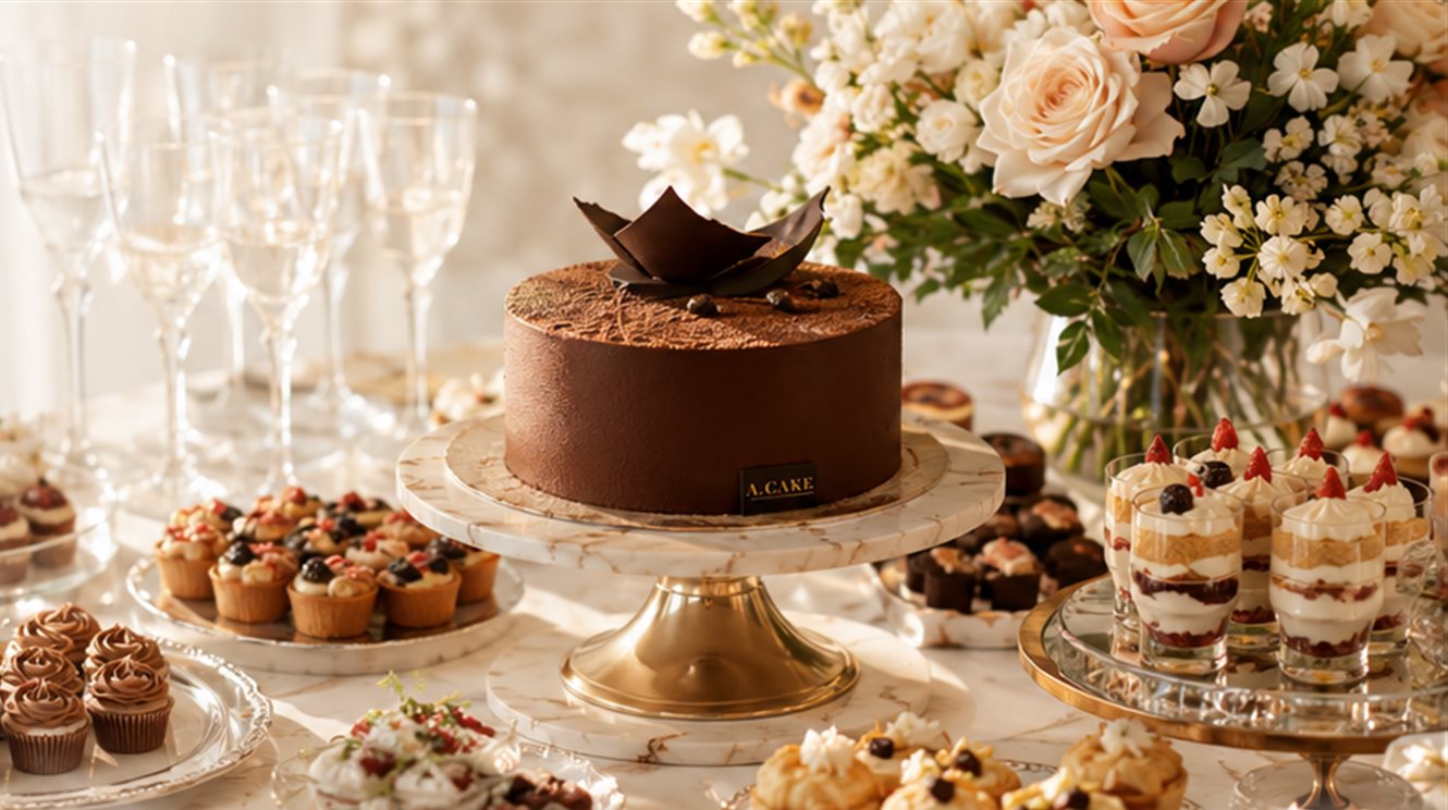 Сладкий стол A.CAKE: шоколадный торт на золотой подставке, капкейки, трайфлы, тарталетки и цветы